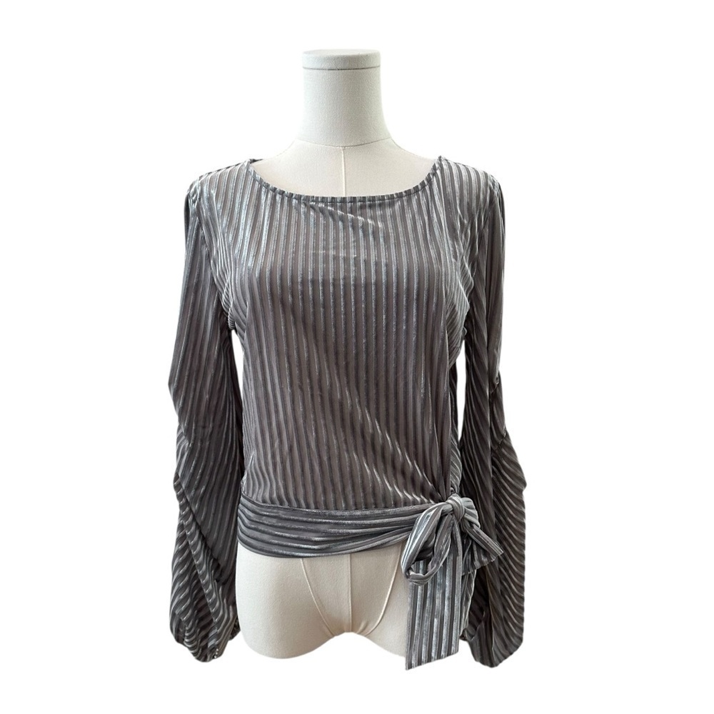 Women's Small Silver Tie Waist Burnout Striped Crushed Velvet Balloon Sleeve Top